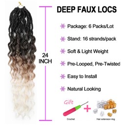FANWYFYU 6-Pack Deep Faux Locs Crochet Hair Soft Goddess Locs Crochet Braids 24 Inch Deep Wave Locs (24 Inches, 1B/27/613)