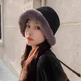 88flix Women's Bucket Hat, Fluffy, Korean, Small Face, Cold Protection, Moisturizing, Beautiful Silhouette, Sun Protection, UV Protection, Black