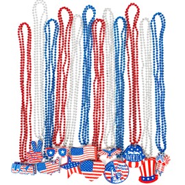 EOBOH 4th of July Necklace, 24PCS Fourth of July Beads, 12 Kinds Independence Day USA Fireworks Shape Red Blue Silver Bead Decor, Patriotic Beads Bulk for Parade Party Celebration