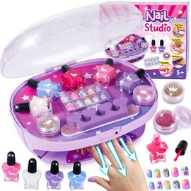Golray Kids Nail Polish Set for Girls, All-in-One Nail Art Kit - Dryer/ Glitter Powder/ False Nails/ Nail Decals/ Toe Separator/File, Age 3-12 Little Girl Gift Toys