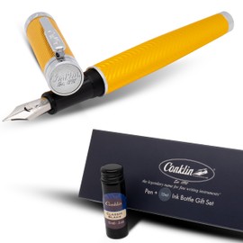 Conklin Herringbone Signature Fountain Pen Yellow Fine Nib + Free 15ml Ink Bottle – Bold Luxury Gift for Writers, Professionals, Pen Lovers