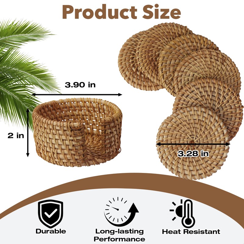 6-Pack Handmade Rattan Coasters with Holder, Modern Farmhouse and Boho