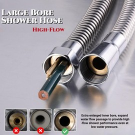Shower Hose 1.5m, 12mm Inner Hose High-Flow Shower Pipe | Leakproof and Anti Kink - Brass Bore - Stainless Steel Pipe - Universal Standard Fitting