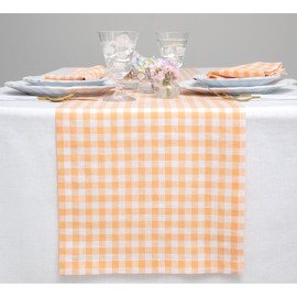 Solino Home Gingham Check Linen Table Runner 90 Inches Long - 100% Pure Linen Sunny Orange Plaid Table Runner 14 x 90 Inch Ideal for Wedding, Parties, Spring, Mothers Day, Easter Decorations