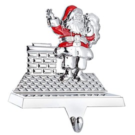 Klikel Stocking Holder - Christmas Santa Stocking Hanger for Mantel - Shiny Silver Metal Santa On Chimney Christmas Stocking Holder for Fireplace Mantle - Heavy Stocking Holder for Mantle with Hook