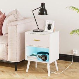 Aienvey Nightstand with Charging Station and LED Lights, Small Side Table, Bedside Table with Drawer, Modern Night Stand, End Table for Bedroom, Living Room, Light White