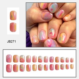 AZTSYT Summer Press on Nails Short Square Fake Nails Glossy Nails Press Ons with Color Gradient Design Acrylic Nails Full Cover False Nails Reusable Stick on Nails for Women Nail Decoration 24Pcs