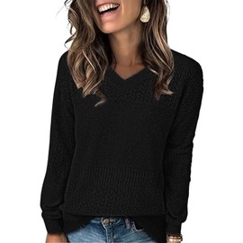 NORACORA Women's V Neck Fall Sweaters Crochet Soft Lightweight Ribbed Knit Loose Pullover Sweater Long Sleeve Tops 2025 Trendy Outfits Black
