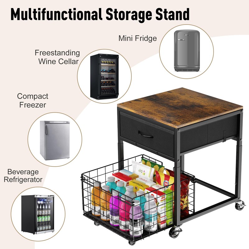 Housolution Mobile Mini Fridge Stand with Storage, Height-Adjustable Mini Beverage