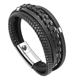 SHIEAGLELD Men's Leather Bracelet with Stainless Steel Magnetic Clasp Braided Bracelet for Men and Exclusive Jewellery Box for Men, Gifts Idea, Leather Stainless Steel