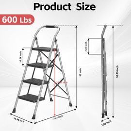 Step Ladder Foldable Folding Stool - for Home Adults Kitchen 4 Stepping Extension Tall Heavy Duty with Handrails - Closet Stepstool Stair Ladders Extendable Stepladder for Indoor House 600Lbs