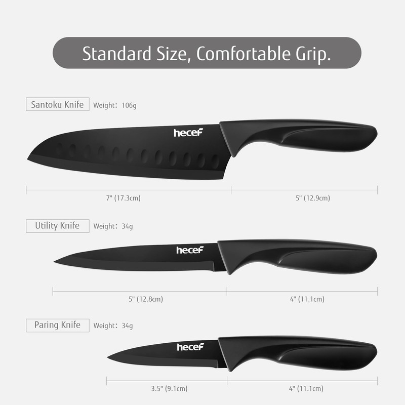 hecef Black Kitchen Knife Set of 3, Sharp Knives with