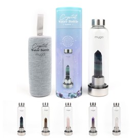 Myga Fluorite Crystal Water Bottle - 500ml Glass Drinks Bottle with Natural Healing Crystal & Neoprene Sleeve for Wellness & Self-Care - Gemstone: Fluorite