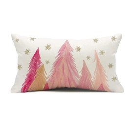 Christmas Trees Lumbar Throw Pillow Covers, 12 x 20 Inch Watercolor Xmas Trees Snowflake Pink Pillows Decorative Winter Holiday Farmhouse Decorations Throw Pillows Cushion Case for Sofa Couch