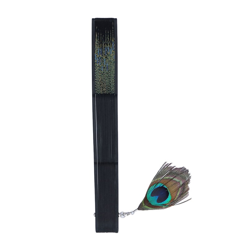 Folding Fan Black Bones Beautiful Peacock Pattern Antique Bamboo Hand