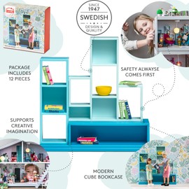 LUNDBY Dolls House Furniture Sets – Doll House Bookcase + Books Accessories Bookshelf – 12-piece set for 11 cm Mini Dolls for Age 4+ 1:18