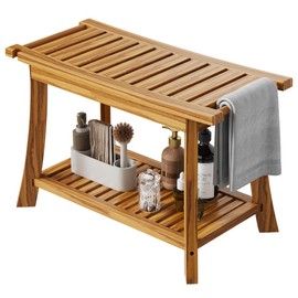 Jekruiet 24" Solid Teak Shower Bench with Towel Bar & Storage Shelf - Waterproof Bath Stool with Fixed Non-Slip Feet, 300lbs Capacity