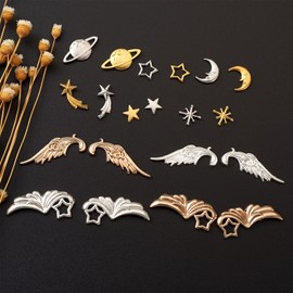 Beadthoven Metal Parts, Resin Parts, Decoration Material, Approximately 120 Pieces/Box, Mixed Color, Alloy Cabochon, Feather, Wing, Star, Moon, Cute, Decorative Parts, UV Resin, Enclosed Material,