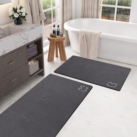 2 Piece Bathroom Rugs Mat Set - Quick Dry Diatomaceous Earth Bath Mat for Bathroom Non-Slip Bath Rug with Rubber Backing, Absorbent Bath Mat Thin Bath Floor Mat, 15.7x23.6+15.7x47.2 Inch, Dark Grey