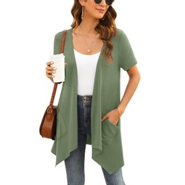 Veryoung Lightweight Summer Olive Green Cardigan Women Short Sleeve Open Front Cardigans Sweater Jackets with Two Pockets Casual Shrug Top Drape Hem 2025,M