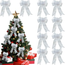 Shyllin Christmas Bows Glitter Christmas Tree Bow Satin Ribbon 10 Pieces Christmas Tree Decoration Gift Bow 22 x 25 cm for Gift Boxes Christmas Wreath Gifts Wedding Decoration
