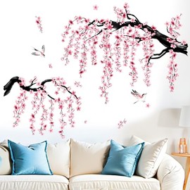 Cherry Blossom Wall Stickers for Bedroom: Peel and Stick Large Pink Flower Bird Blue Floral Tree Branch Wall Decals - Living Room Office Bathroom Wall Art Decor