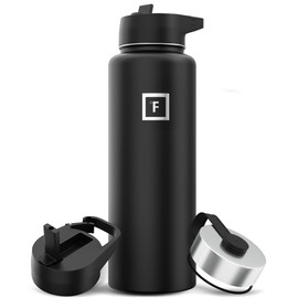 IRON °FLASK Camping & Hiking Hydration Flask with 3 Lids - Stainless Steel, Double Walled & Vacuum Insulated Water Bottle - Leak Proof & BPA Free (Midnight Black, Straw - 40 oz)