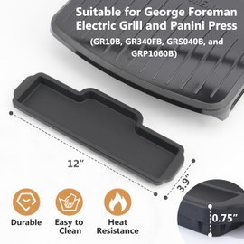 12'' Silicone Replacement Drip Tray, Compatible with George Foreman Electric Grill (GRP1060B, GR10B, GR340FB, and GRS040B), Larger Capacity, Oil Drip Pan & Grill Grease Tray Replacement, 2 Pack