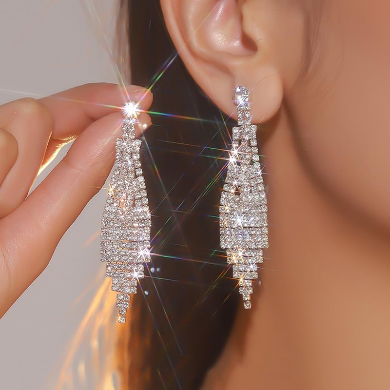 Xerling Boho Chandelier Tassel Earrings Sparkling Silver Rhinestone Fringe Bridal