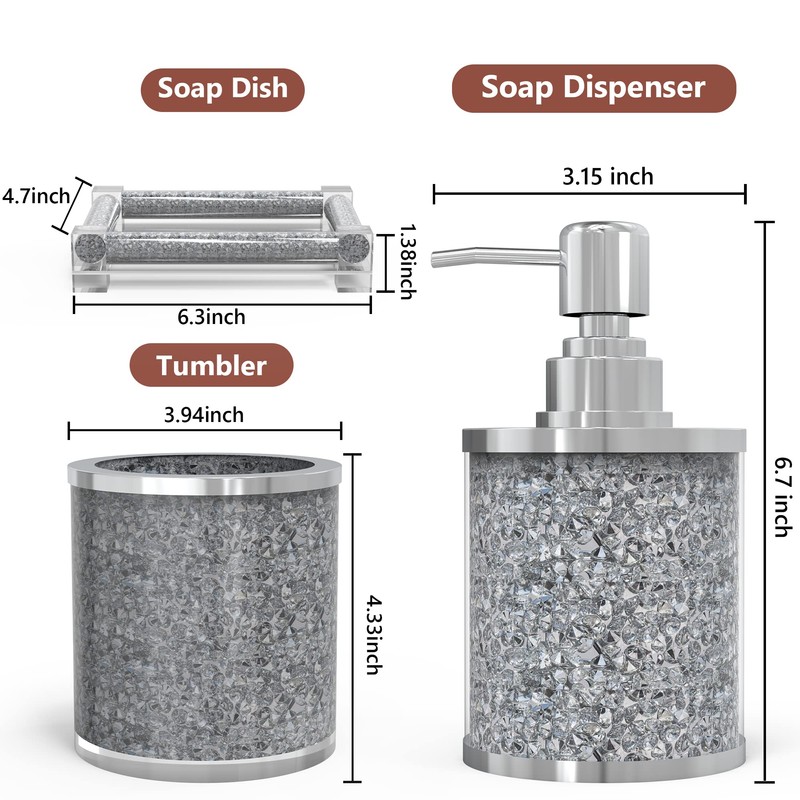 SHYFOY Bathroom Accessories Set, 3 Piece Silver Crystal Crushed Diamond