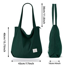 KALIDI Thicken Corduroy Totes Bag Extra Large Capacity Handbags Shoulder Bags with Zipper Cord Tote Bag for Women Ladies Girls Casual Shopping Bag for Work School College Daily Use (dark green)
