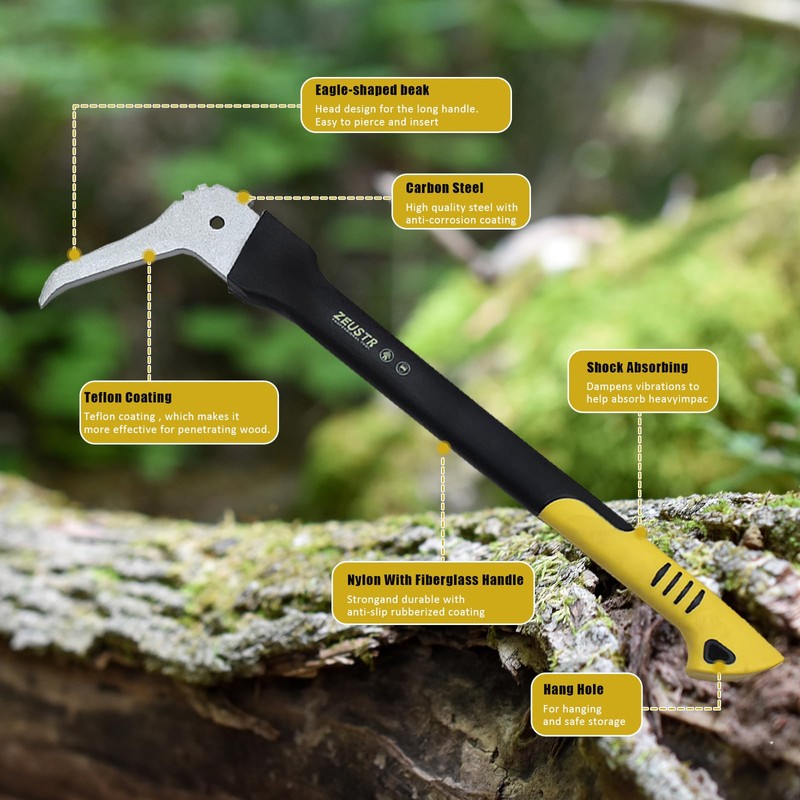 ZEUSTR 20" Hookaroon, Non-Slip Grip Handle, 120° Angled Blade, Log