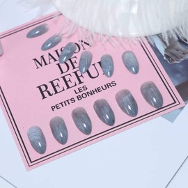 TseenYi Stiletto grey marble press on nails glossy medium fake nails tips prom party club clip on nails ballerina acrylic nails art for women and girls, 24 pieces