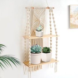 Lieson Wandregal Holz Boho Makramee Wandbehang Deko Regal Wand Doppelschicht Schweberegal Quasten Handgewebte Natürliches Treibholz Hängeregal Für Wohnzimmer Schlafzimmer Badezimmer