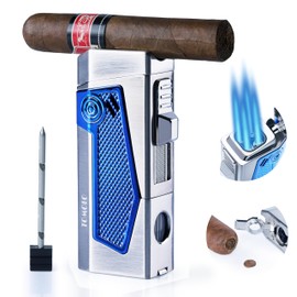 TOMOLO Cigar Lighter Torch Lighter with Punch Built in, Cigar Holder, Cigar Draw Enhancer, Cigar Accessories, Quadruple Flame, Butane Refillable Lighter (Butane Not Included) (SilverBlue)