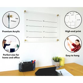 Acrylic Premium Weekly Wall Calendar - Large Reusable Dry Erase Board - Glass Calendar for Wall - Board for Office and Home - Gold Hardware (24x18" (Regular))