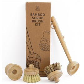Cactus Cradle Bamboo Scrub Brush Set (4-Piece Kit) – Plastic-Free Kitchen Scrub Brushes with 2 Ergonomic Handles & 2 Interchangeable Plant-Based Brist