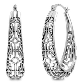 LeCalla 925 Sterling Silver Antique Filigree Earrings for Women | Mesh Filigree Oval Hoop Earring | Women's Click-Top Hoop Earrings 30MM