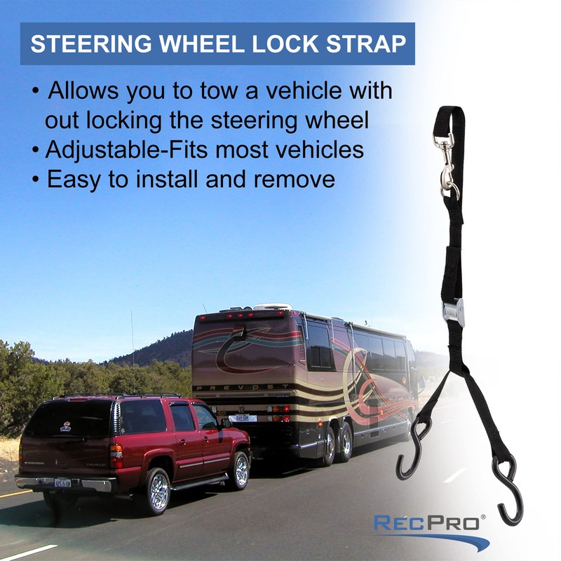 RecPro Steering Wheel Lock Strap with Ratchet and Hooks |