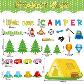 Camping Bulletin Board Set Happy Camper Trim Border Classroom Decoration VBS Tent Vintage Trailers Cutouts Welcome Camper Back to School Summer Camping Supplies for Nursery Chalkboard Wall Door Decor