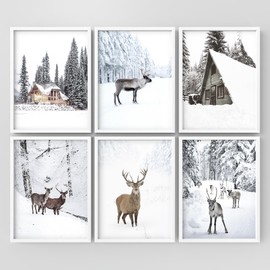 Framed Wall Art Collage Print Gallery Set, Winter Wonderland Snowy Forest and Reindeer Scenes Nature Illustrations Modern Decorative Colorful for Living Room, Bedroom, Office - 12"x16"x 6 White