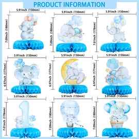 Gyufise 9Pcs Blue Elephant First Birthday Honeycomb Table Centerpiece It's a Boy Baby Shower Table Toppers Centerpieces Decor for Elephant Theme Gender Reveal Birthday Party Table Decorations Supplies