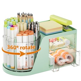 Marbrasse Desk Organiser,360-Degree Rotating Pen Holder,Desk Organisers Accessories with 5 Compartments Pencil Organizer,Art Supply Storage Box Caddy for Home Office (Green)