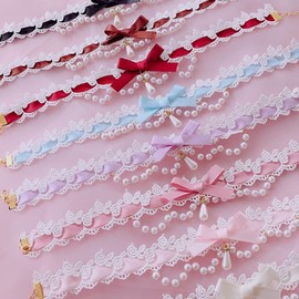 QUQUTWO Gothic Necklace Black Lace Choker Necklace Retro Lolita Accessories Sweet Pearl Necklace Bowknot Choker Necklace White lace Dark Pink Bow Necklace