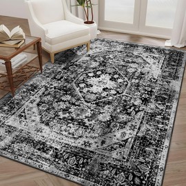 MUJOO Black Rug Washable,Boho Area Rugs for Bedroom Living Room Bedside Office,Non Slip Throw Carpet for Floor Soft Black and White Floral 4x6.5