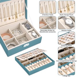 Moseem Jewellery Box Organiser for Women Girls,2-Layer Large Jewellery Organiser Box with 2 Watch Pillows,Removable Tray,PU Leather Jewellery Boxes for Earrings Rings Necklaces Watches Bracelets,Green