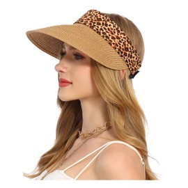 Womens Sun Hat Straw Visor UV Protection Wide Brim Packable Travel Summer Cap for Beach UPF 51+(Khaki Leopard)