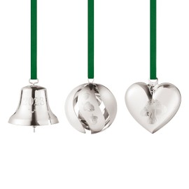 Georg Jensen 2023 Gift Set with Bell, Ball and Heart in Silver - Christmas Hanging Decoration by Sanne Lund Traberg with Ribbons - Pack of 3