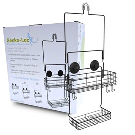Gecko-Loc Extra Long Wide Adjustable Length over the showerhead hanging shower caddy organizer - for Shampoo, Soap, & Razors - Black
