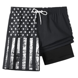 zeetoo Mens Swim Trunks with Compression Liner 5.5" Inseam Quick Dry Swim Shorts American Flag-Black 2XL